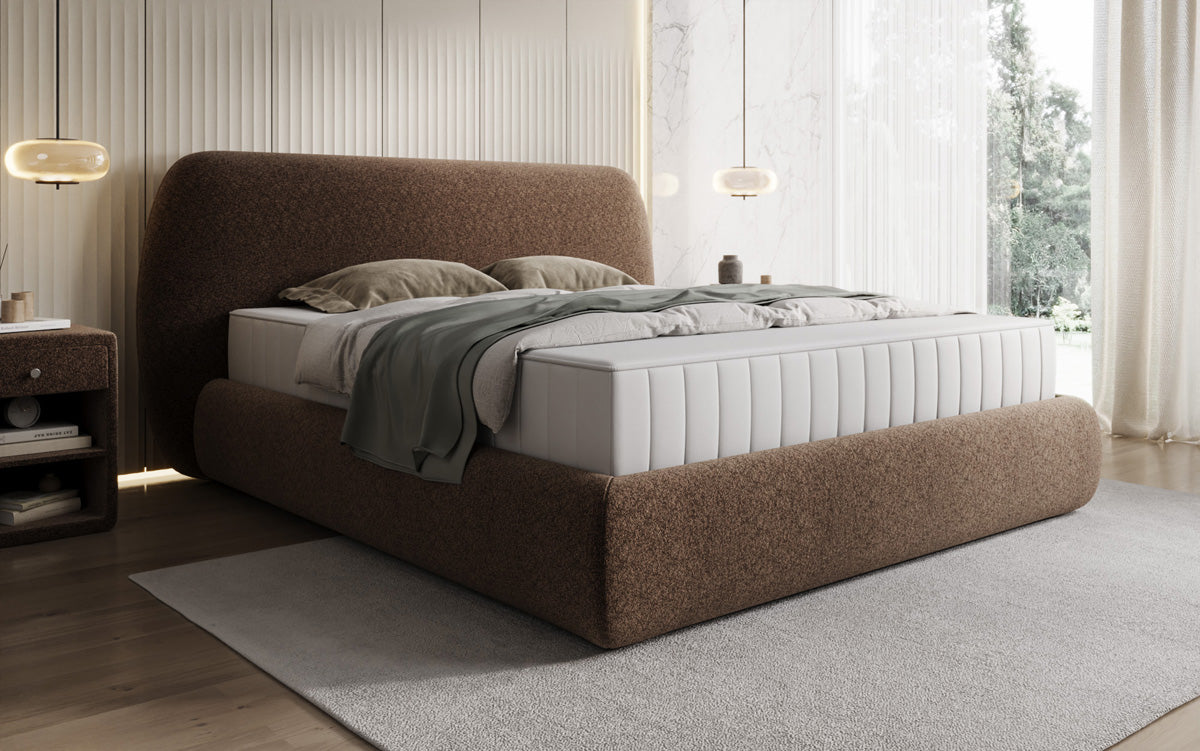 Designer upholstered bed Nella in textured fabric with storage space