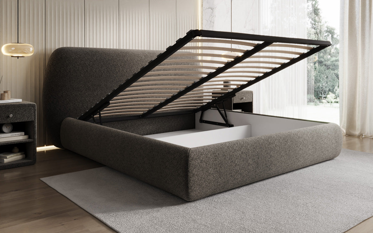 Designer upholstered bed Nella in textured fabric with storage space