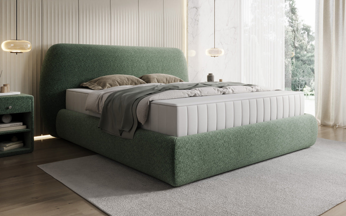 Designer upholstered bed Nella in textured fabric with storage space