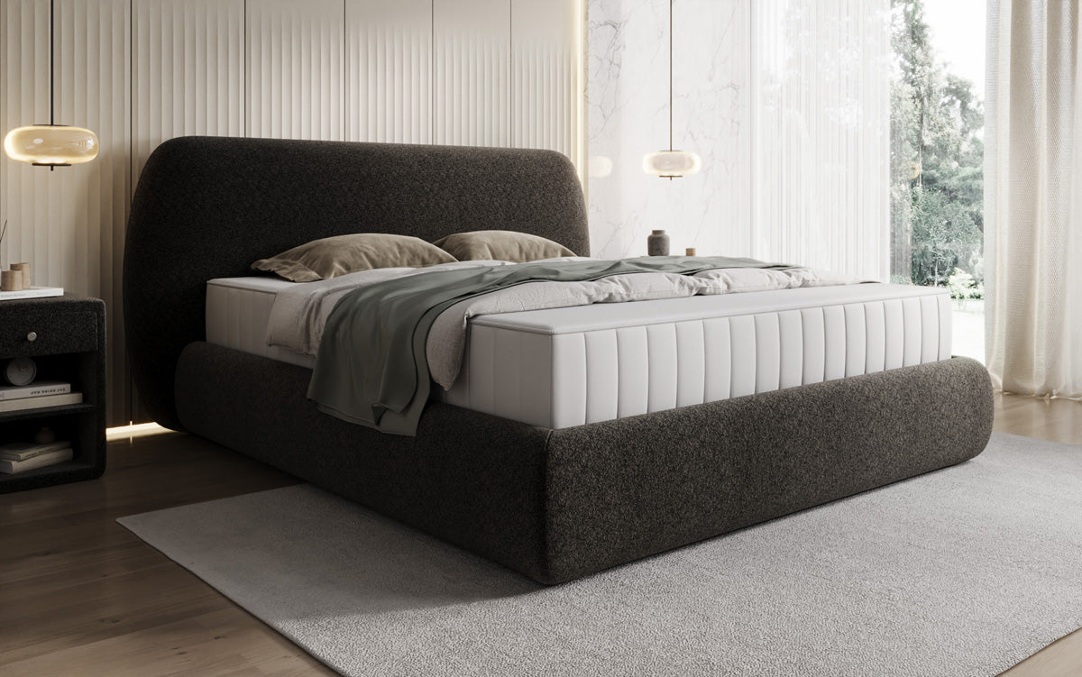 Designer upholstered bed Nella in textured fabric with storage space