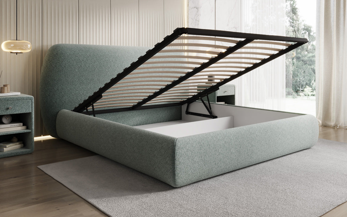 Designer upholstered bed Nella in textured fabric with storage space