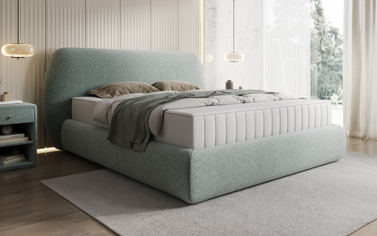 Designer upholstered bed Nella in textured fabric with storage space