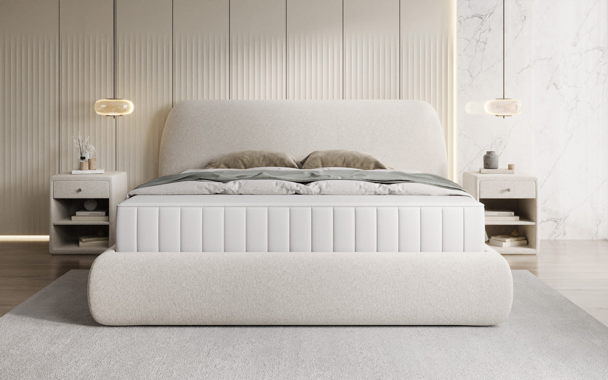 Designer upholstered bed Nella in textured fabric with storage space