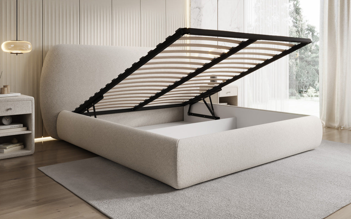 Designer upholstered bed Nella in textured fabric with storage space