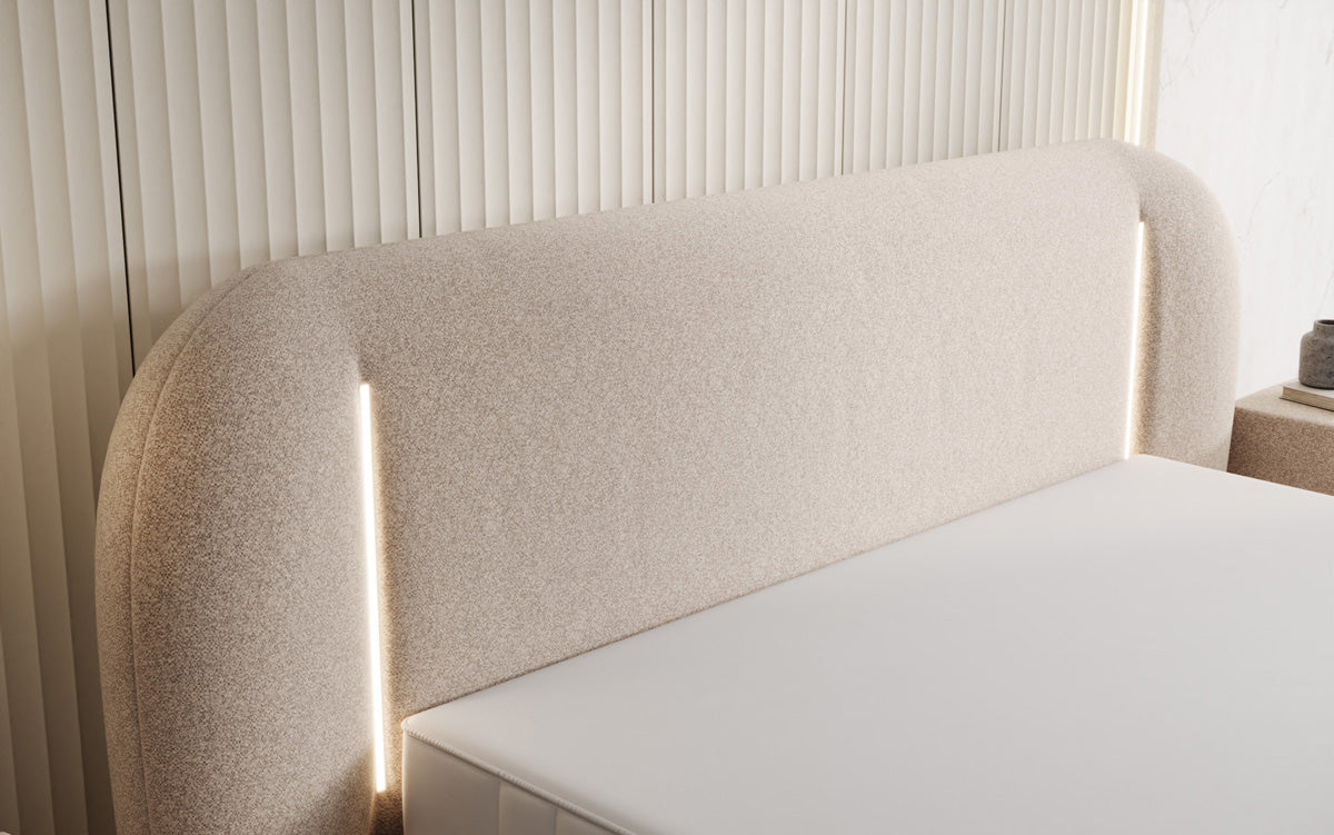 Designer upholstered bed Momo in textured fabric with storage space and LED lighting