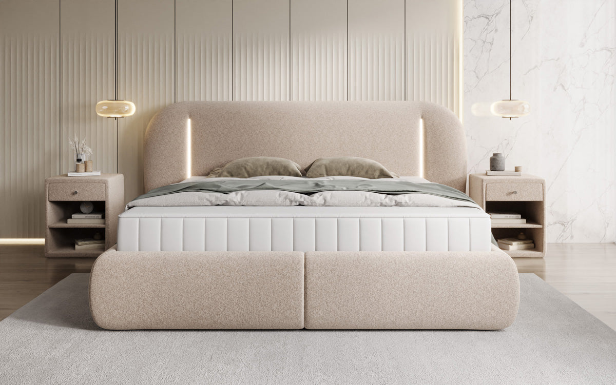 Designer upholstered bed Momo in textured fabric with storage space and LED lighting