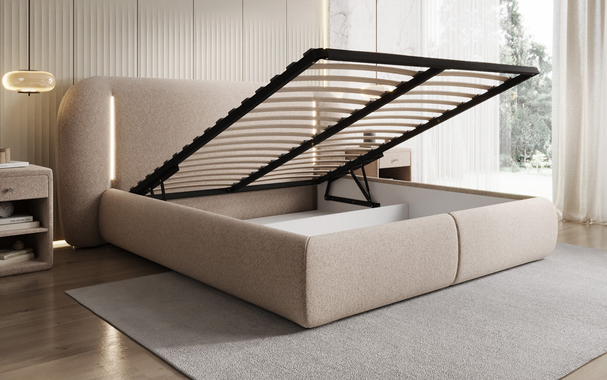 Designer upholstered bed Momo in textured fabric with storage space and LED lighting