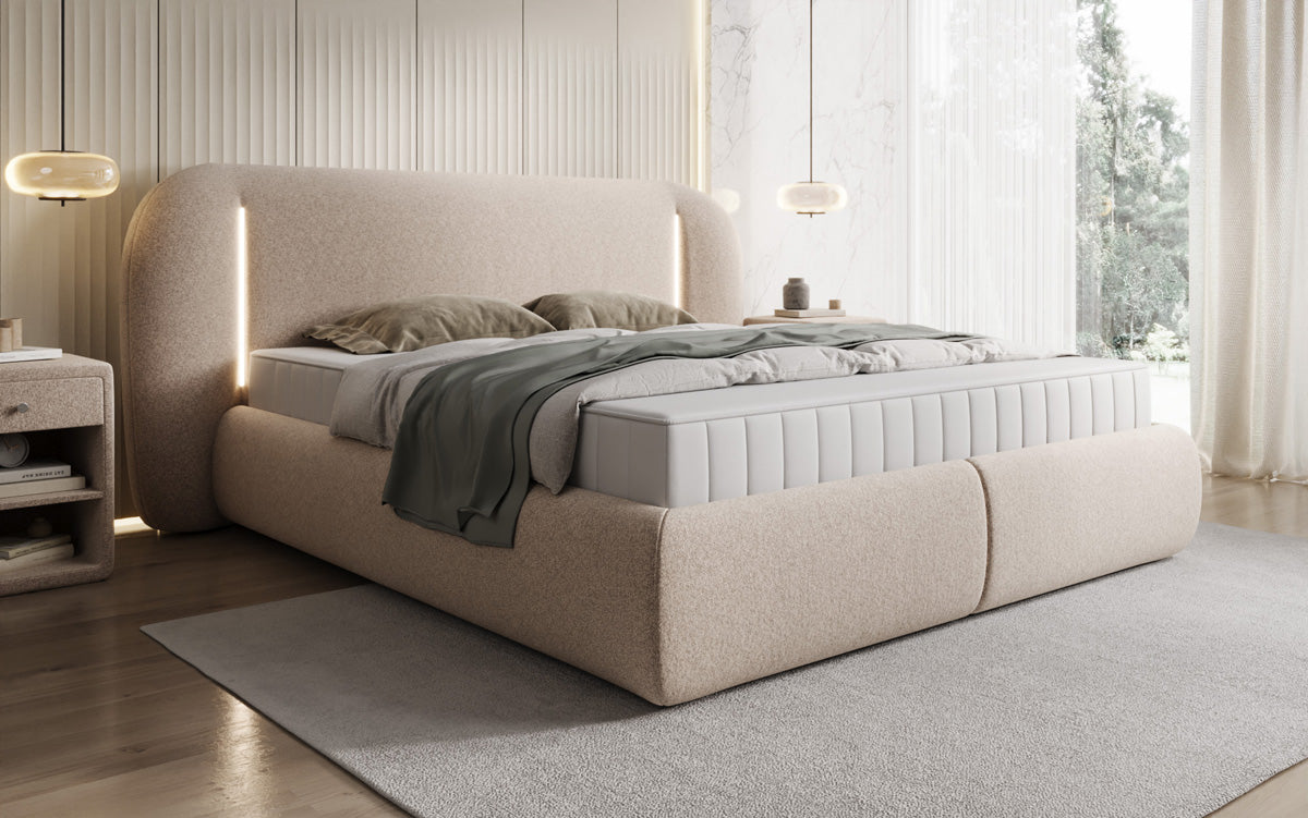 Designer upholstered bed Momo in textured fabric with storage space and LED lighting