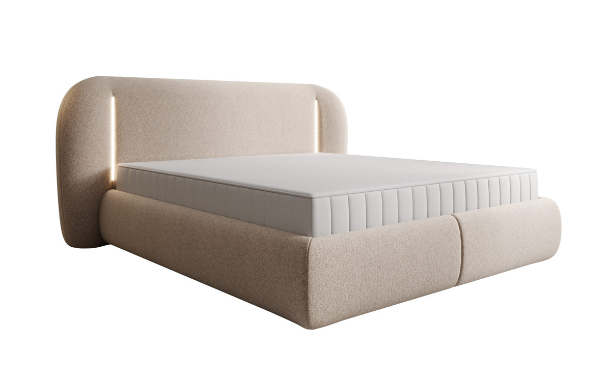 Designer upholstered bed Momo in textured fabric with storage space and LED lighting