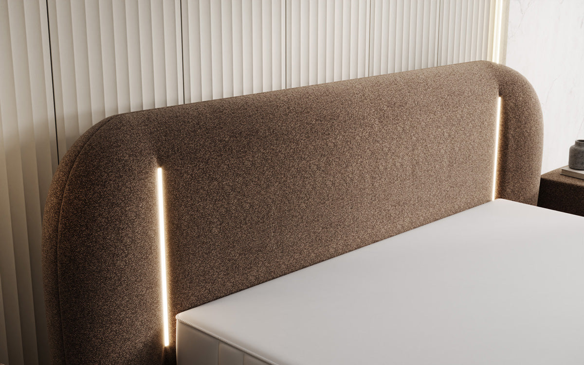 Designer upholstered bed Momo in textured fabric with storage space and LED lighting