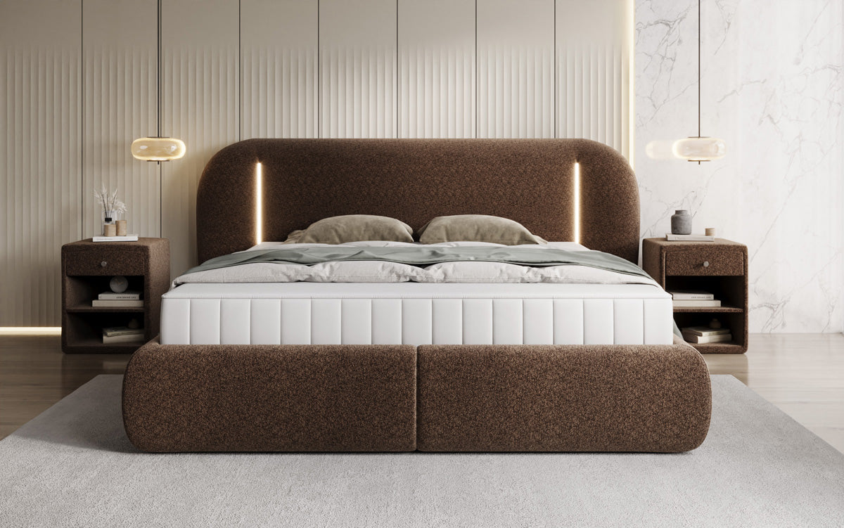 Designer upholstered bed Momo in textured fabric with storage space and LED lighting