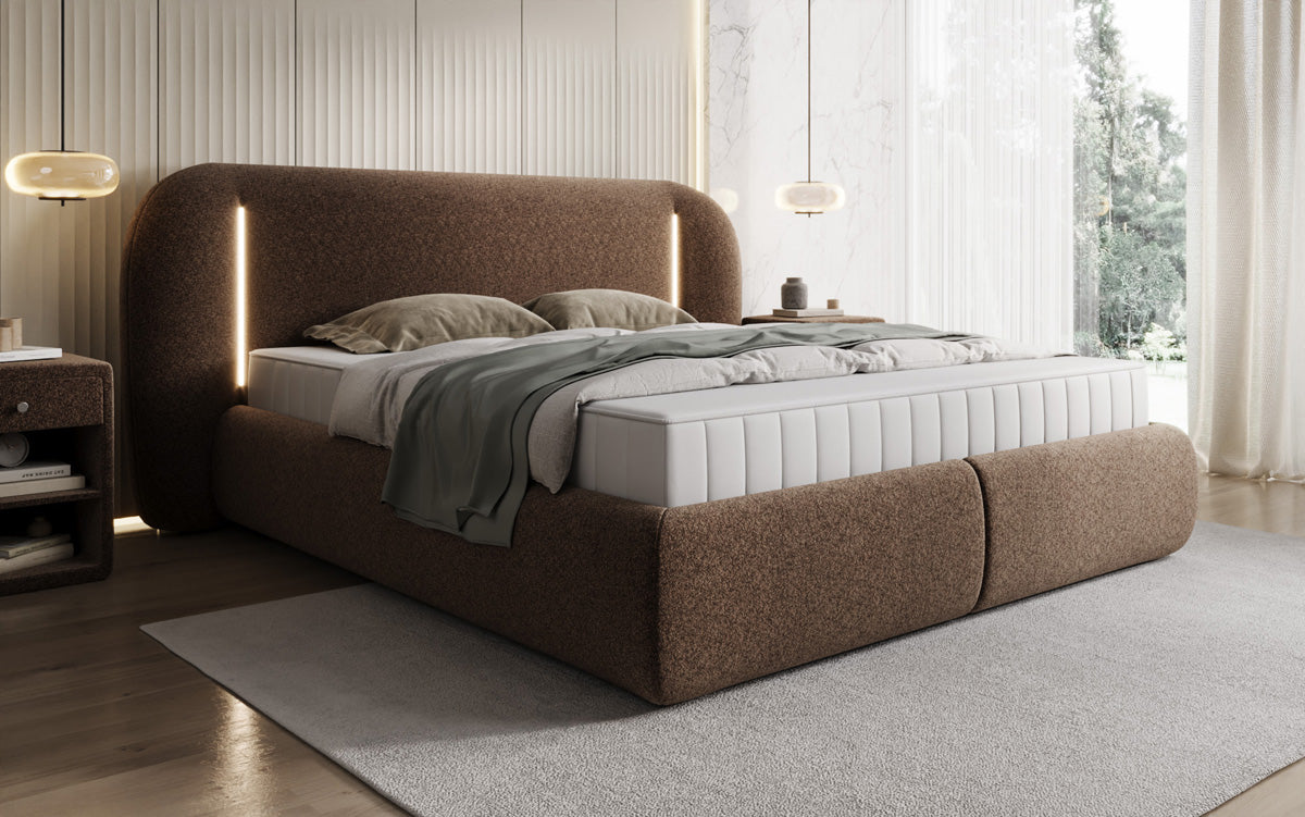 Designer upholstered bed Momo in textured fabric with storage space and LED lighting