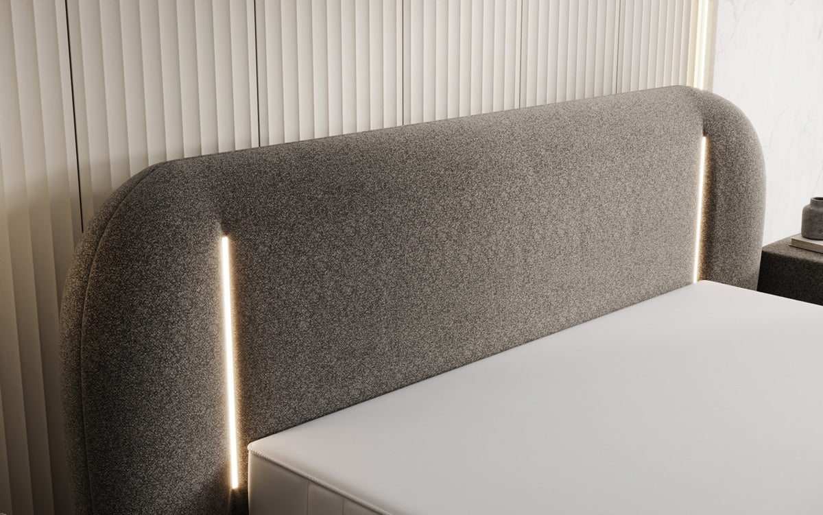 Designer upholstered bed Momo in textured fabric with storage space and LED lighting