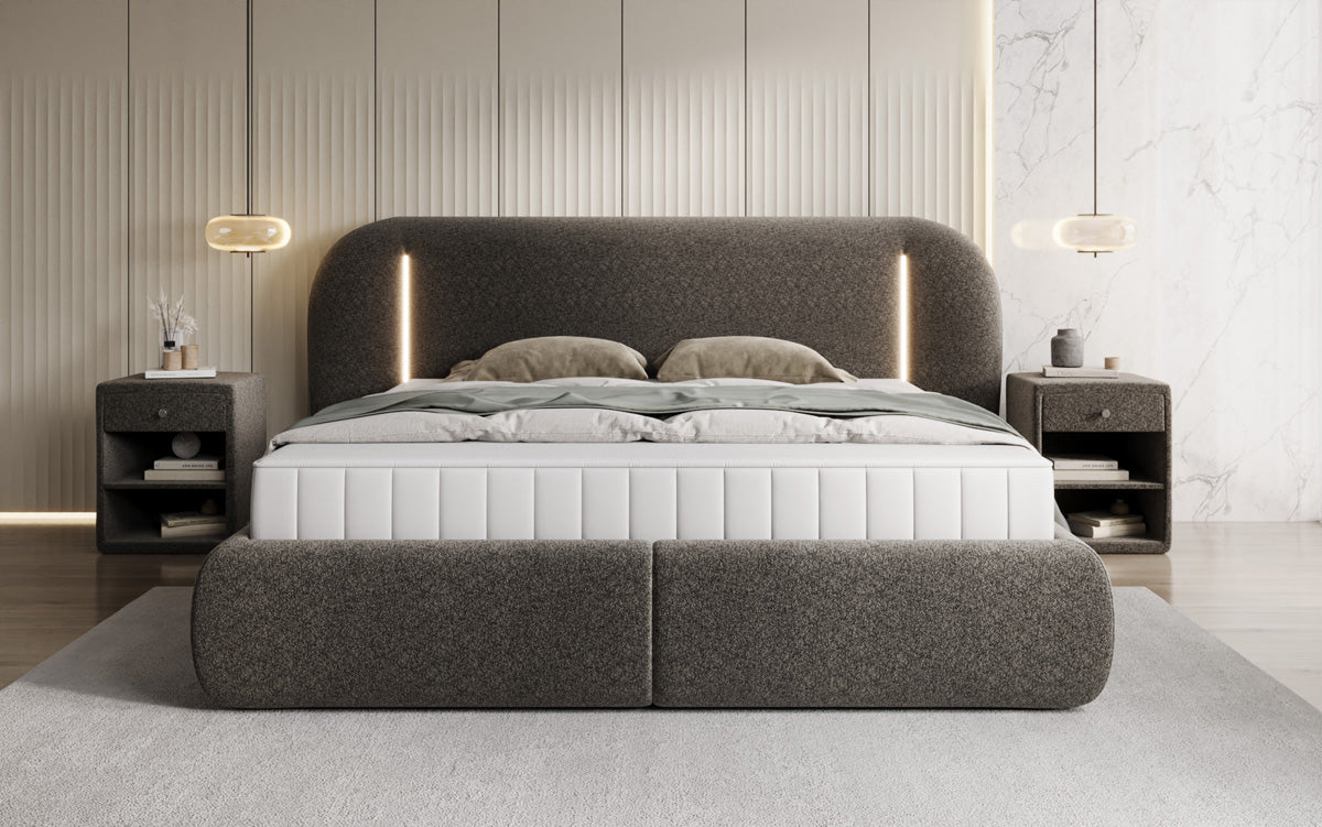 Designer upholstered bed Momo in textured fabric with storage space and LED lighting