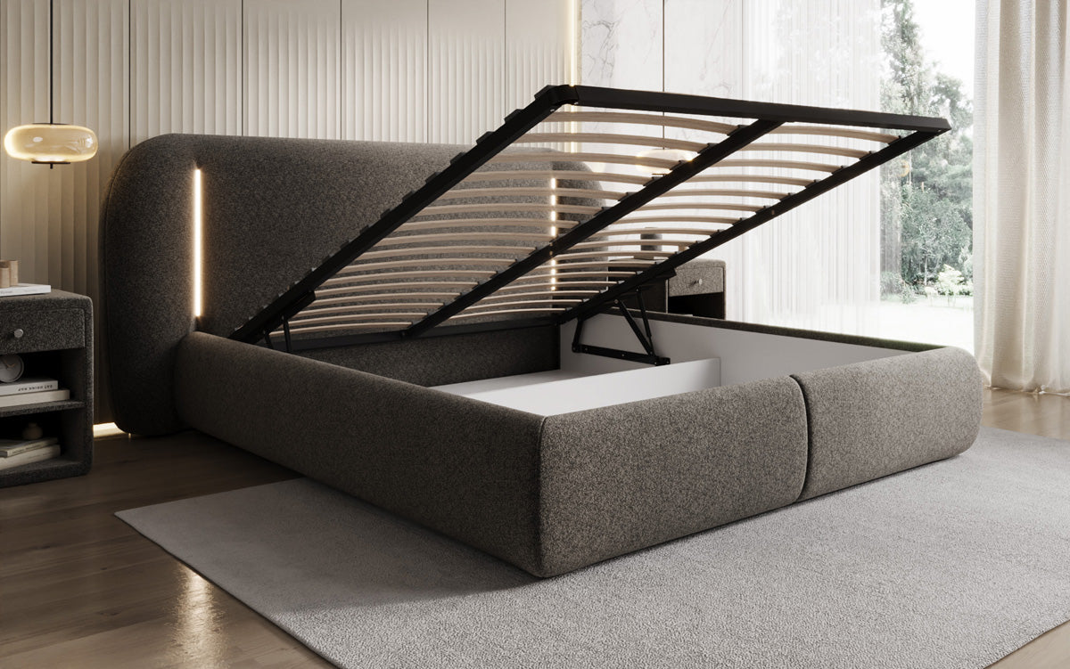 Designer upholstered bed Momo in textured fabric with storage space and LED lighting