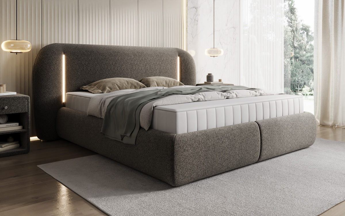 Designer upholstered bed Momo in textured fabric with storage space and LED lighting