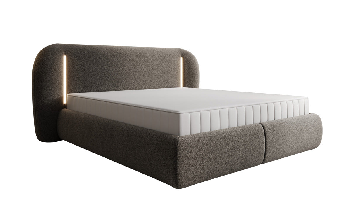 Designer upholstered bed Momo in textured fabric with storage space and LED lighting