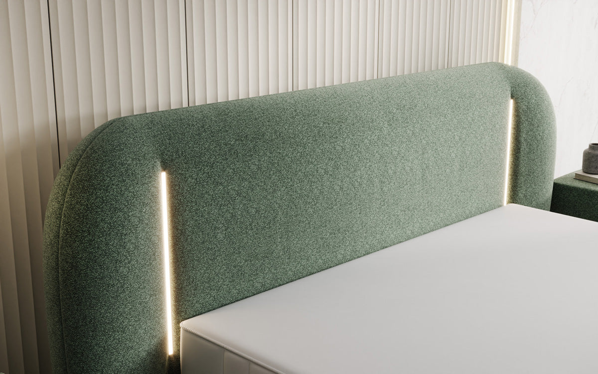Designer upholstered bed Momo in textured fabric with storage space and LED lighting