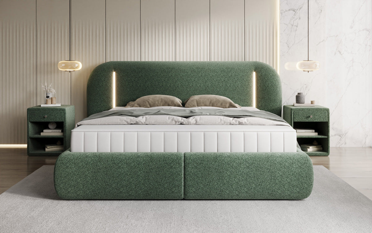 Designer upholstered bed Momo in textured fabric with storage space and LED lighting
