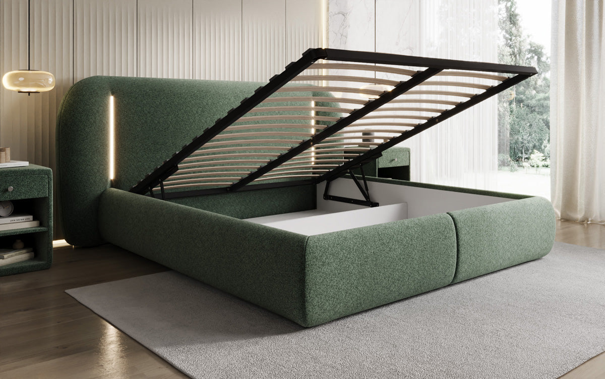 Designer upholstered bed Momo in textured fabric with storage space and LED lighting
