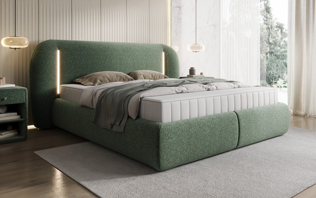 Designer upholstered bed Momo in textured fabric with storage space and LED lighting