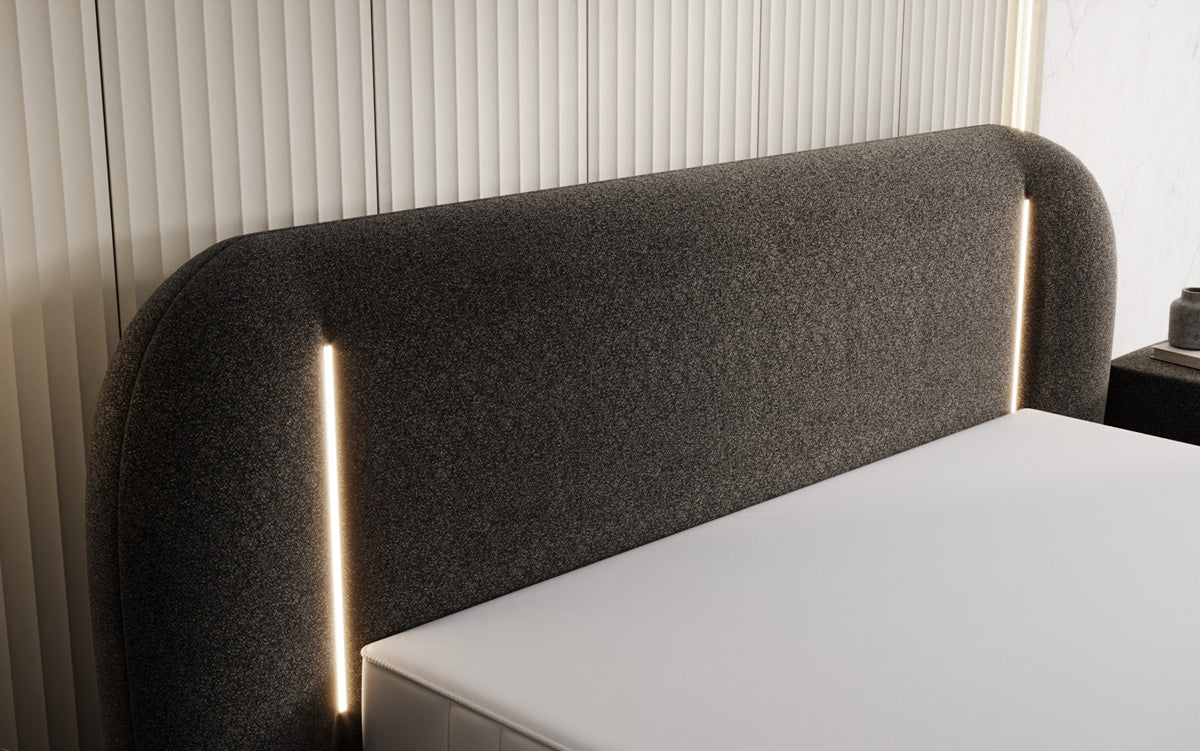 Designer upholstered bed Momo in textured fabric with storage space and LED lighting