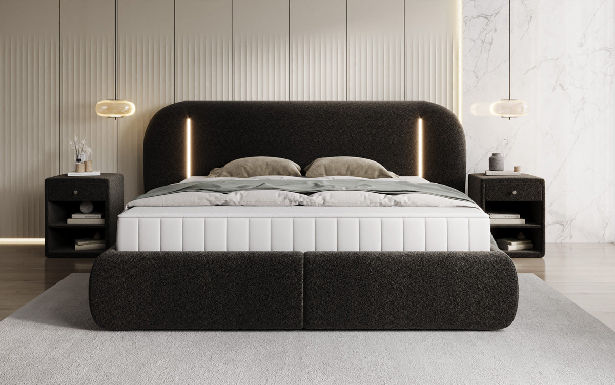 Designer upholstered bed Momo in textured fabric with storage space and LED lighting