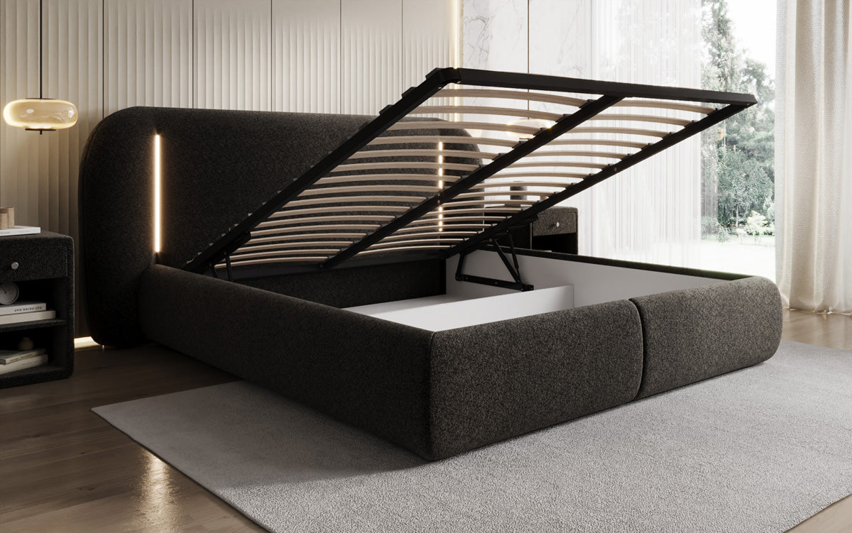 Designer upholstered bed Momo in textured fabric with storage space and LED lighting