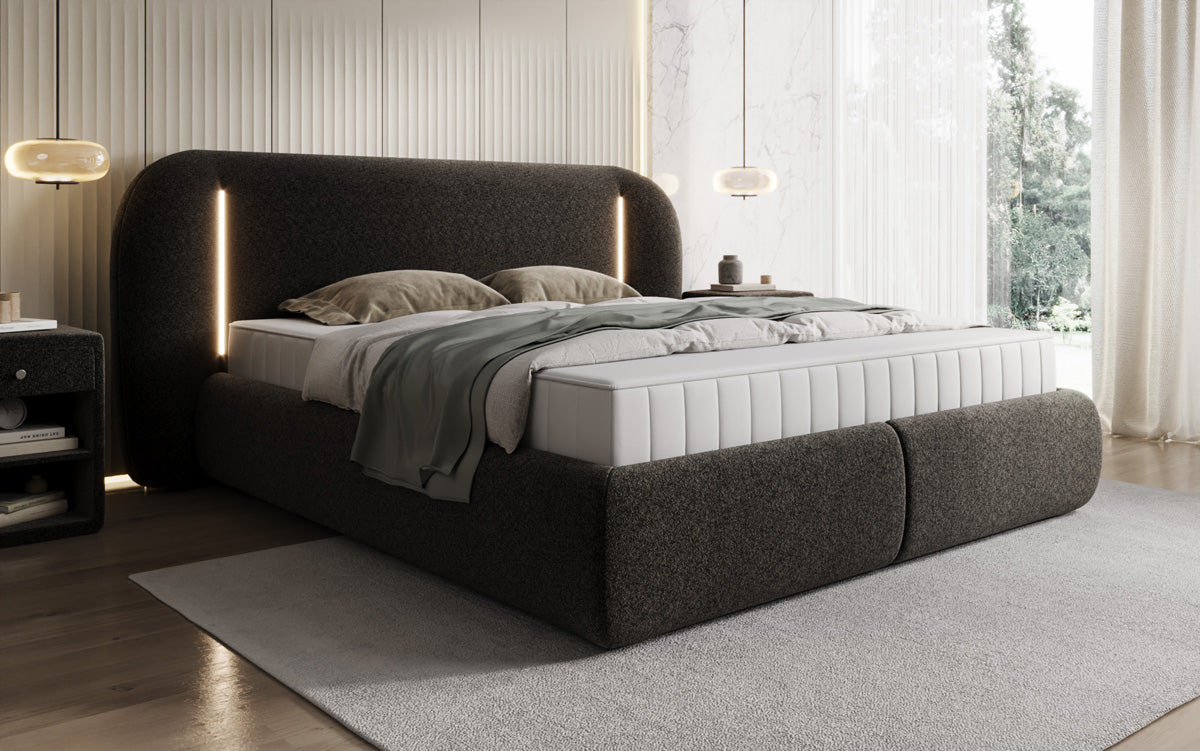 Designer upholstered bed Momo in textured fabric with storage space and LED lighting