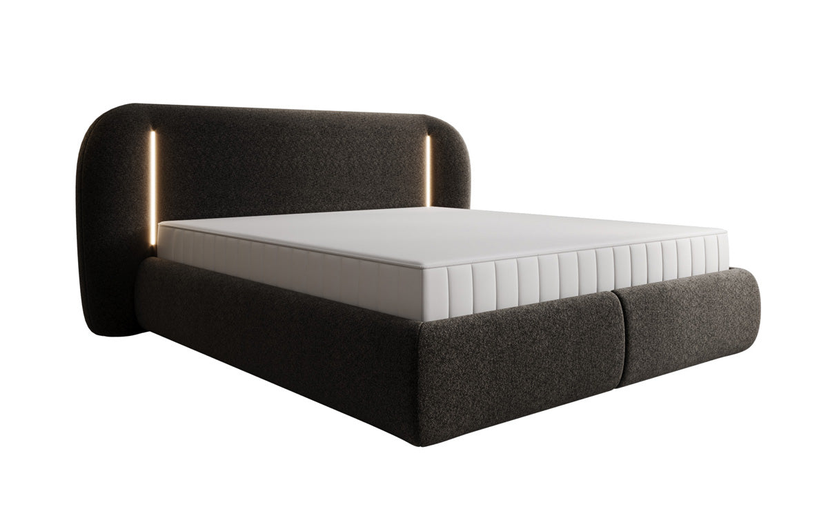 Designer upholstered bed Momo in textured fabric with storage space and LED lighting