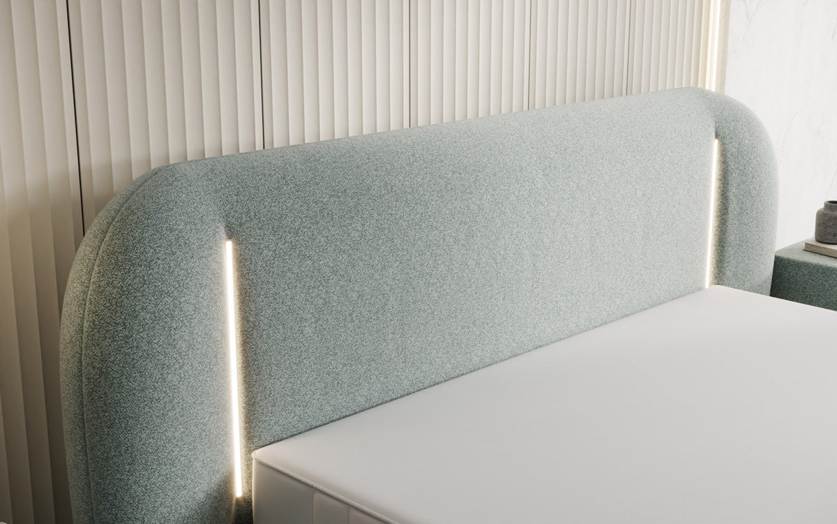 Designer upholstered bed Momo in textured fabric with storage space and LED lighting