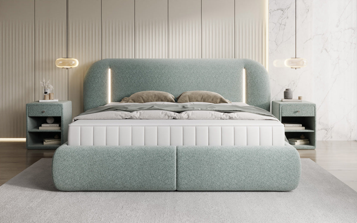Designer upholstered bed Momo in textured fabric with storage space and LED lighting