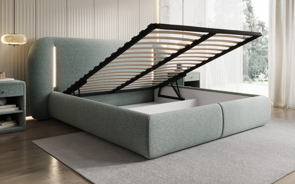 Designer upholstered bed Momo in textured fabric with storage space and LED lighting