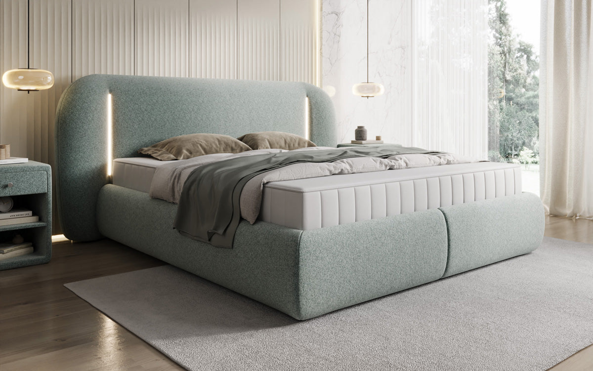 Designer upholstered bed Momo in textured fabric with storage space and LED lighting