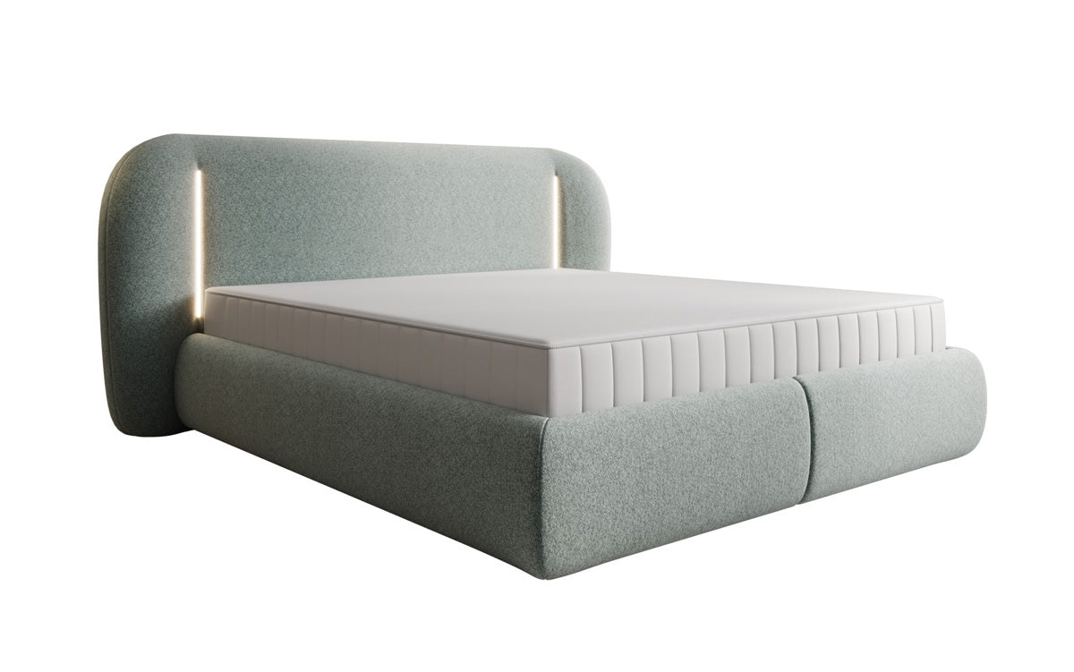 Designer upholstered bed Momo in textured fabric with storage space and LED lighting