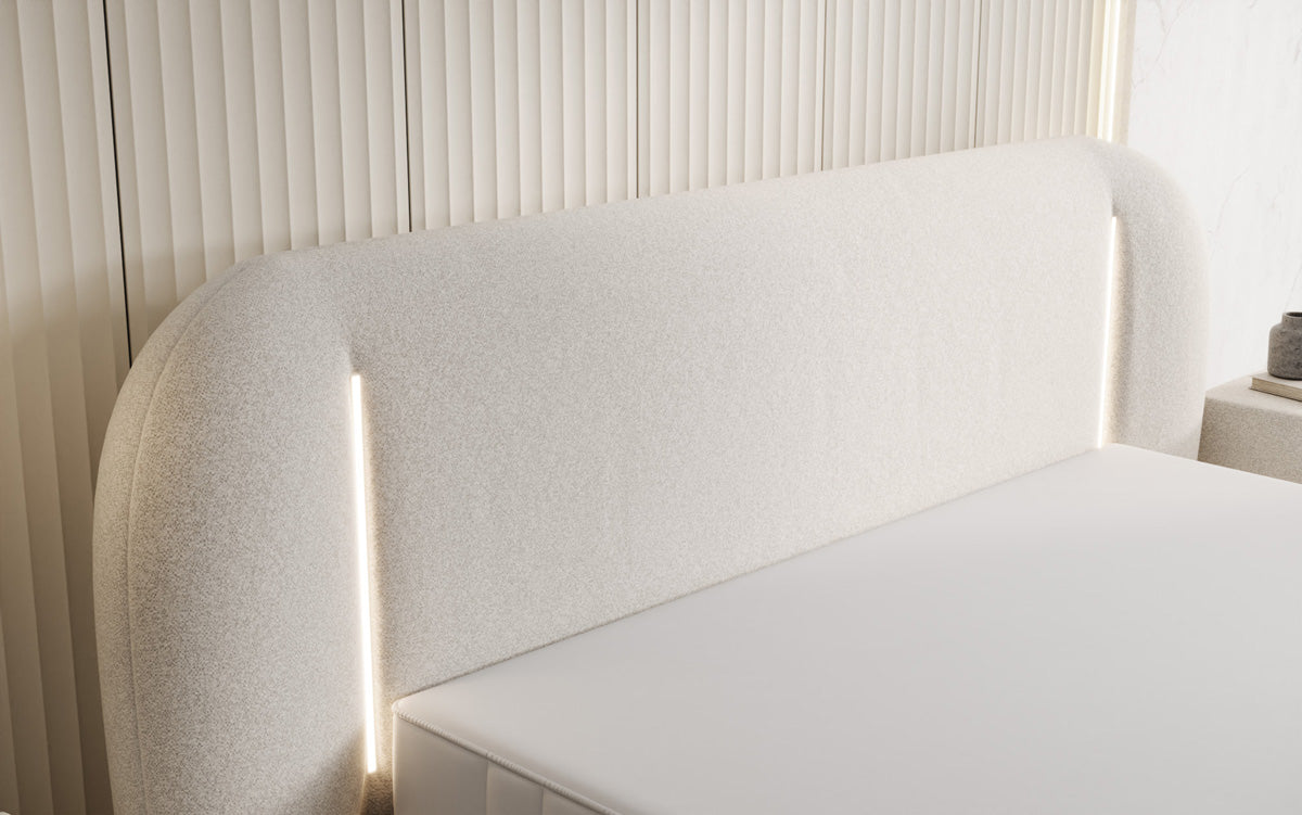 Designer upholstered bed Momo in textured fabric with storage space and LED lighting