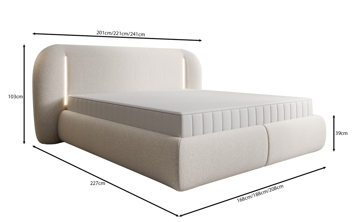 Designer upholstered bed Momo in textured fabric with storage space and LED lighting