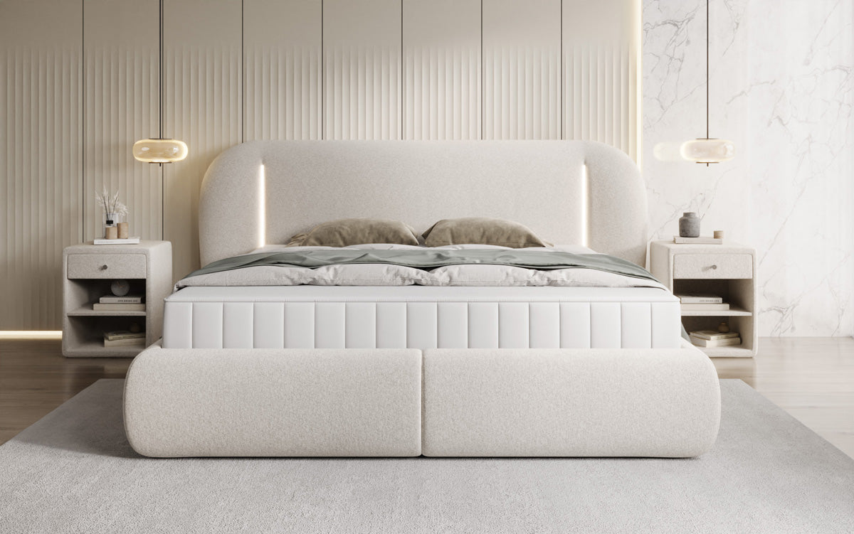 Designer upholstered bed Momo in textured fabric with storage space and LED lighting