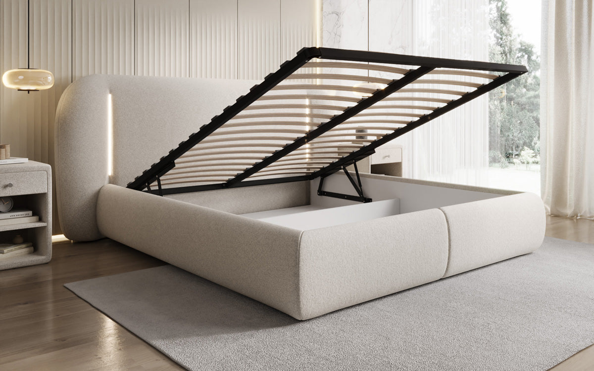 Designer upholstered bed Momo in textured fabric with storage space and LED lighting