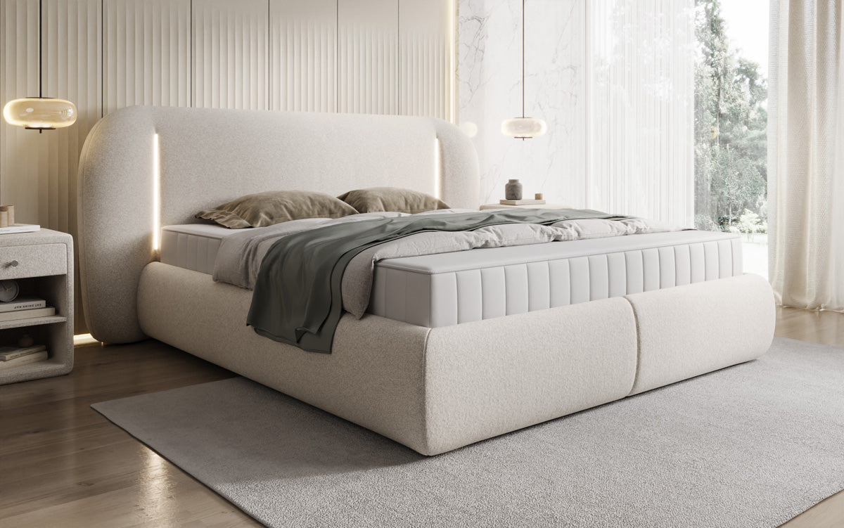 Designer upholstered bed Momo in textured fabric with storage space and LED lighting