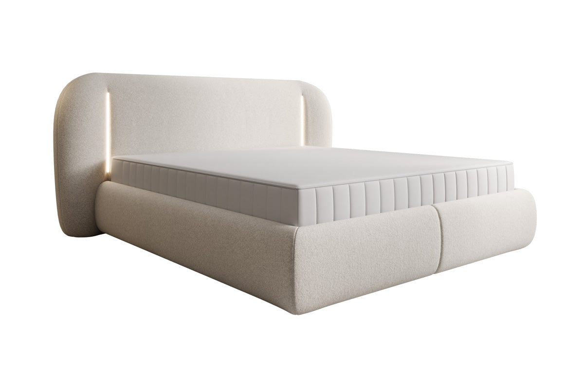 Designer upholstered bed Momo in textured fabric with storage space and LED lighting