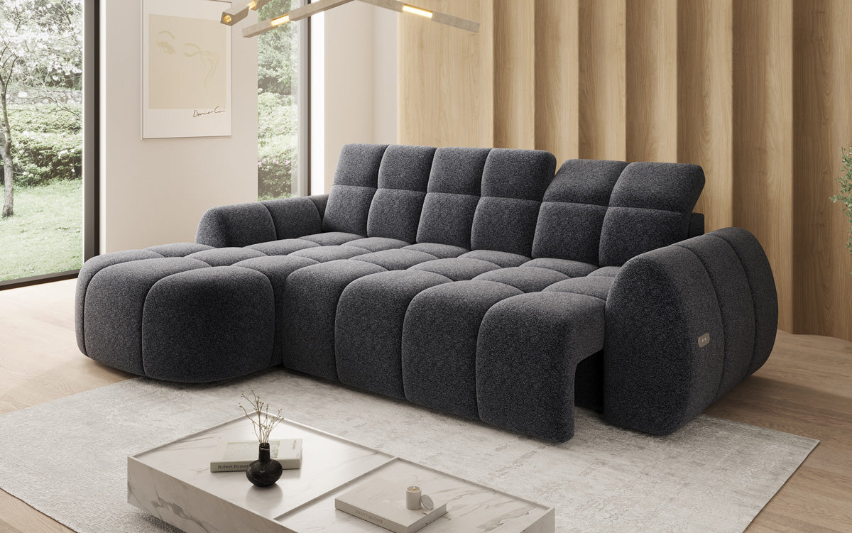 Designer corner sofa Bjork in textured fabric with electric seat extension