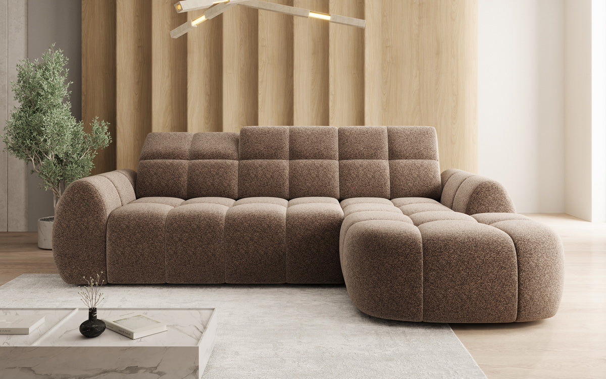 Designer corner sofa Bjork in textured fabric with electric seat extension