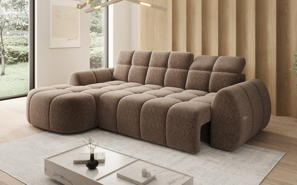 Designer corner sofa Bjork in textured fabric with electric seat extension