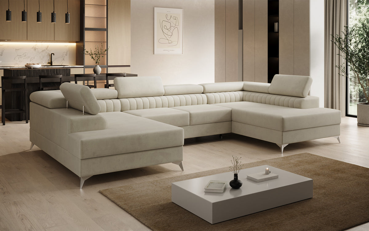 Designer Sofa Aurea U mit Schlaf- und Klappfunktion in Samt