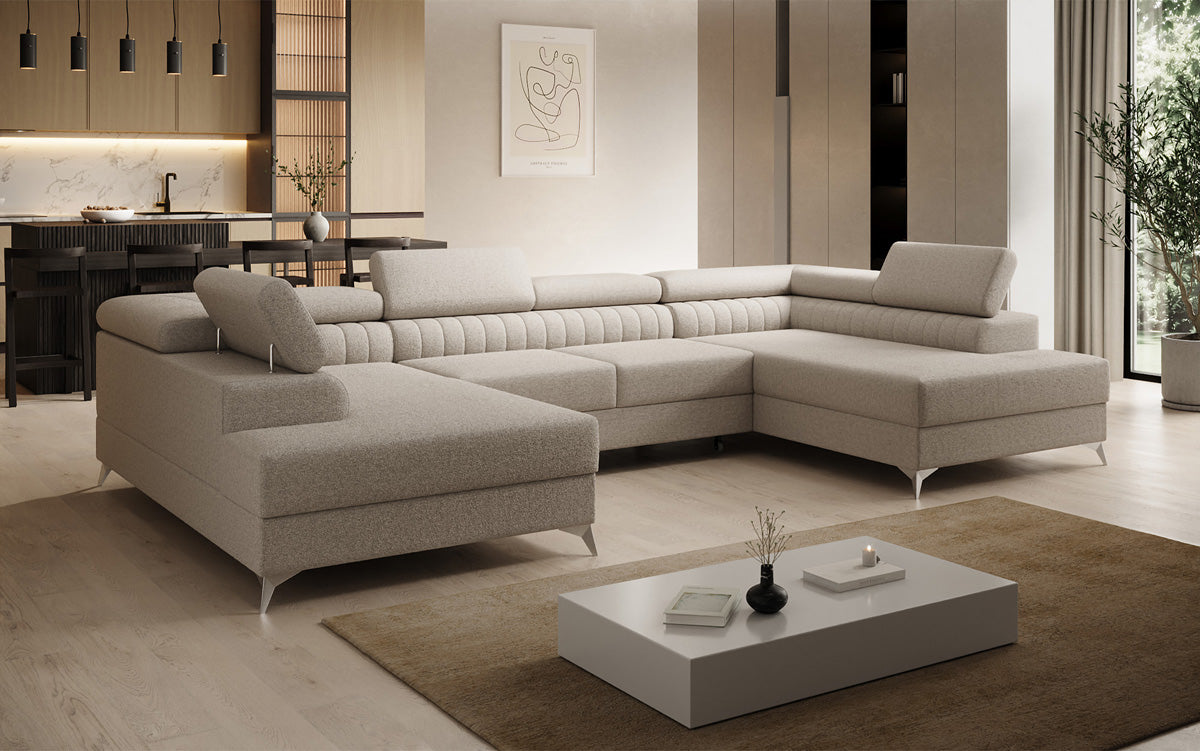 Designer Sofa Aurea U mit Schlaf- und Klappfunktion in Bouclé