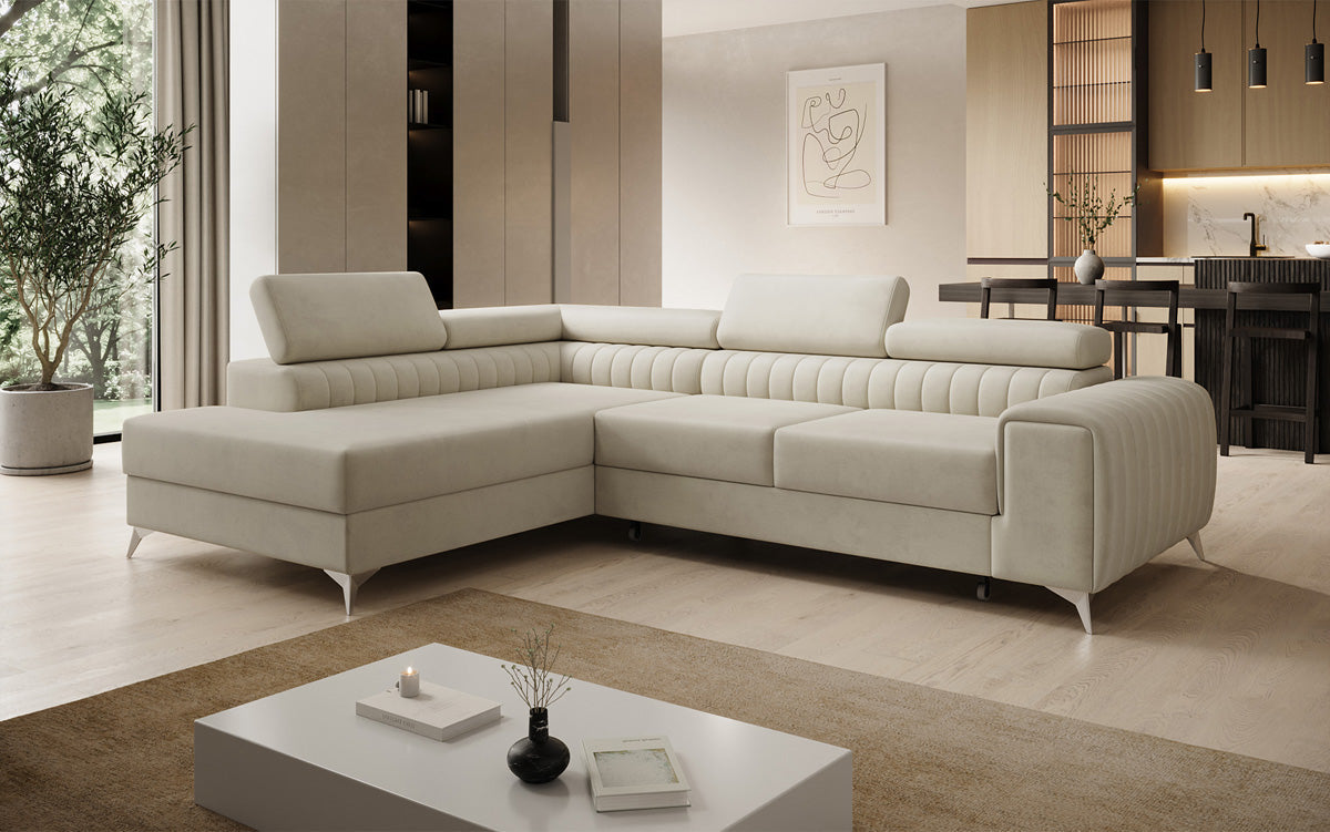 Designer corner sofa Aurea with sleeping and fold-out function in velvet