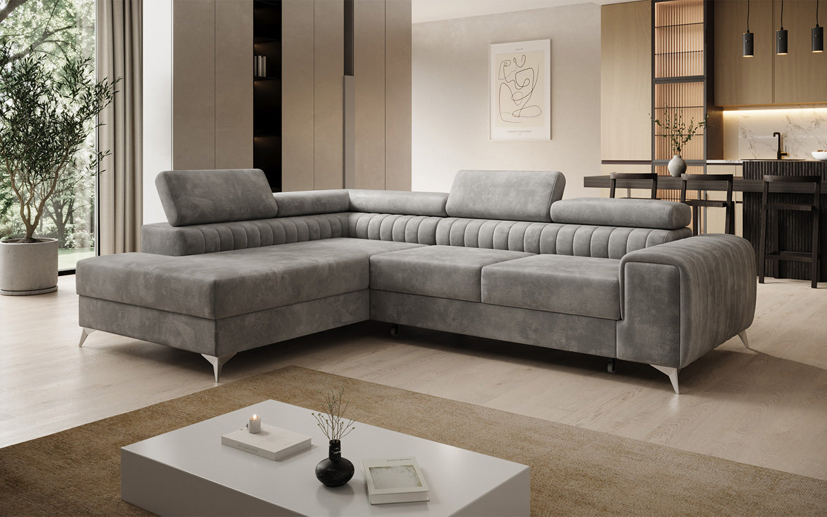 Designer Ecksofa Aurea mit Schlaf- und Klappfunktion in Samt