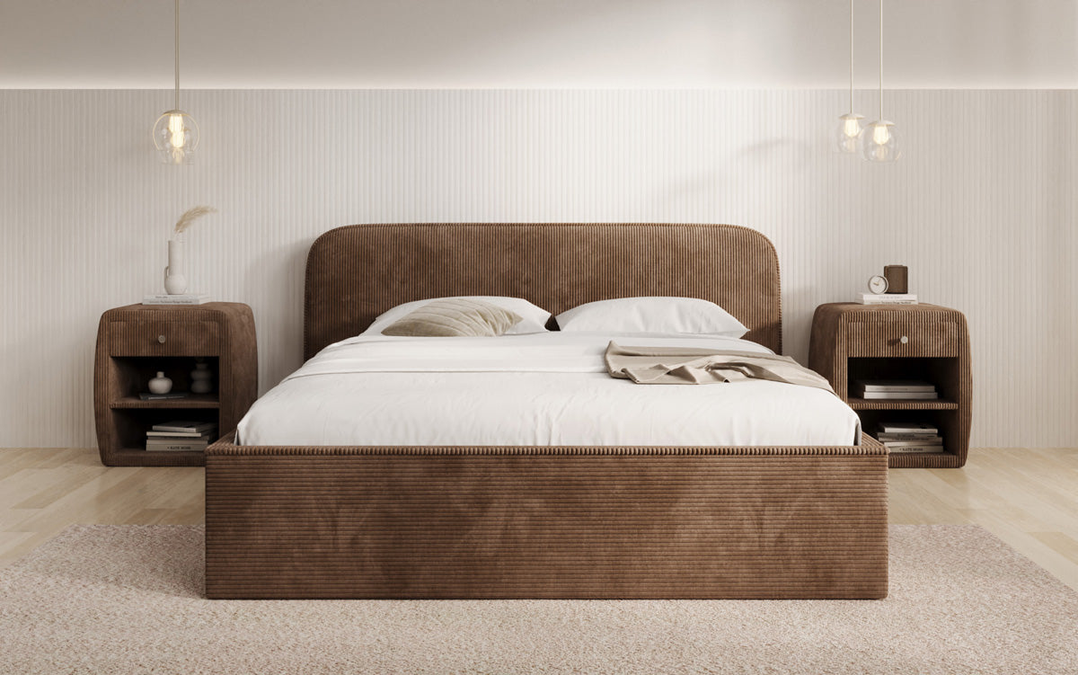 Designer upholstered bed Nola in Corduroy with storage space