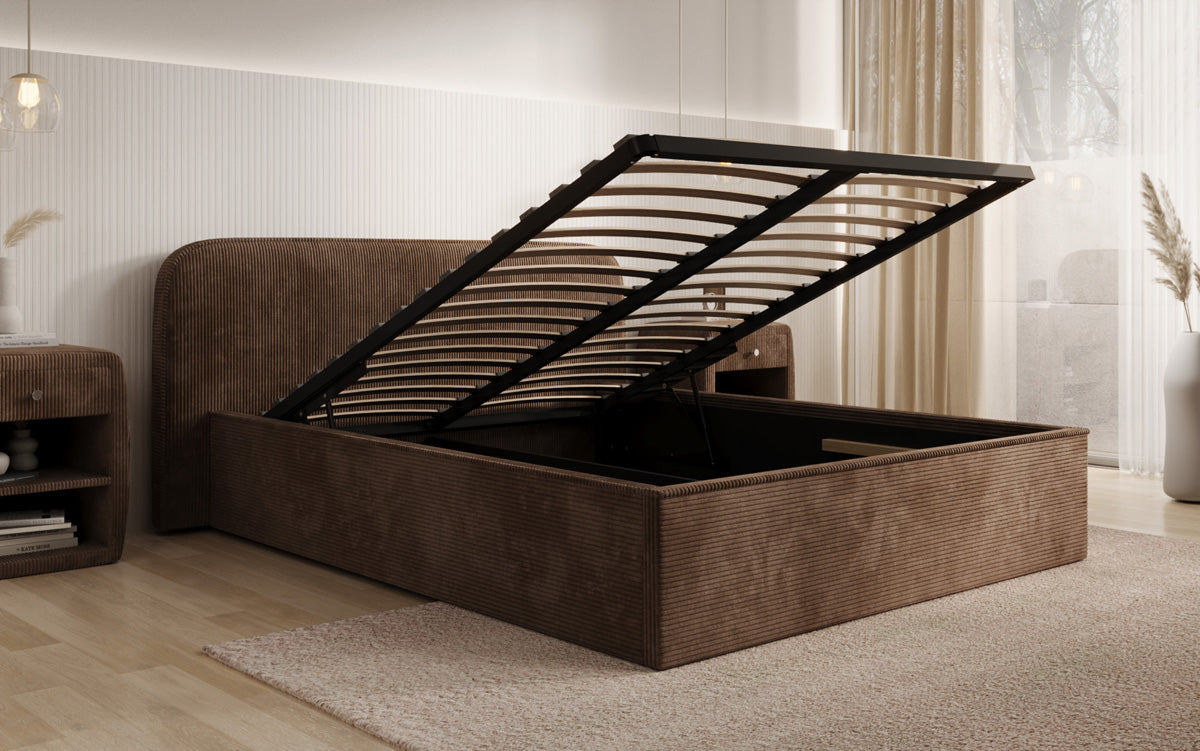 Designer upholstered bed Nola in Corduroy with storage space